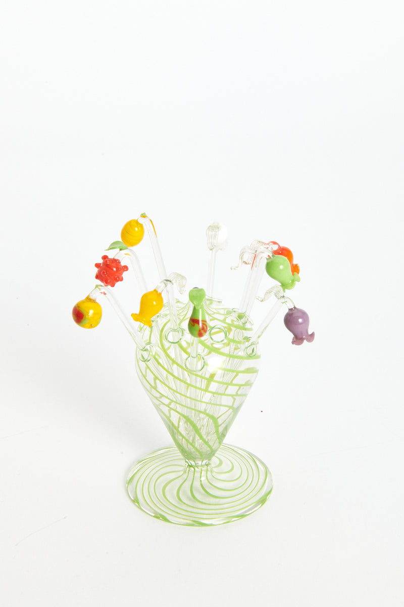 Handblown Glass Fruits and Flowers Cocktail Pick Set