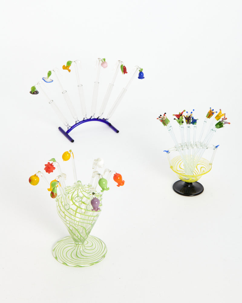 Handblown Glass Fruits and Flowers Cocktail Pick Set