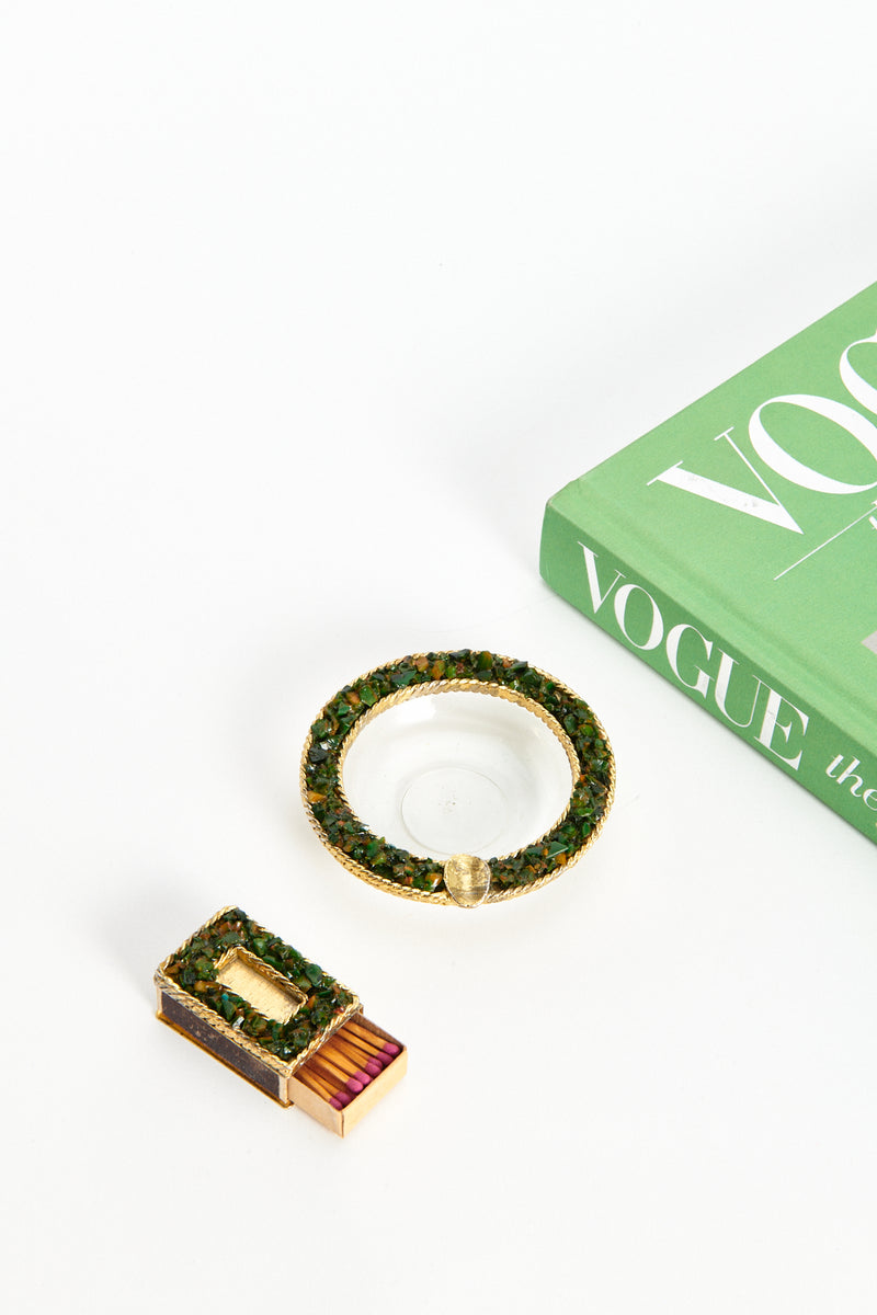 Gold and Green Jeweled Matchbox and Ashtray