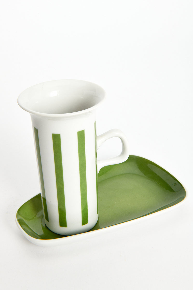 1960s Japanese Porcelain Green Striped Tall Espresso Cup & Saucer Set