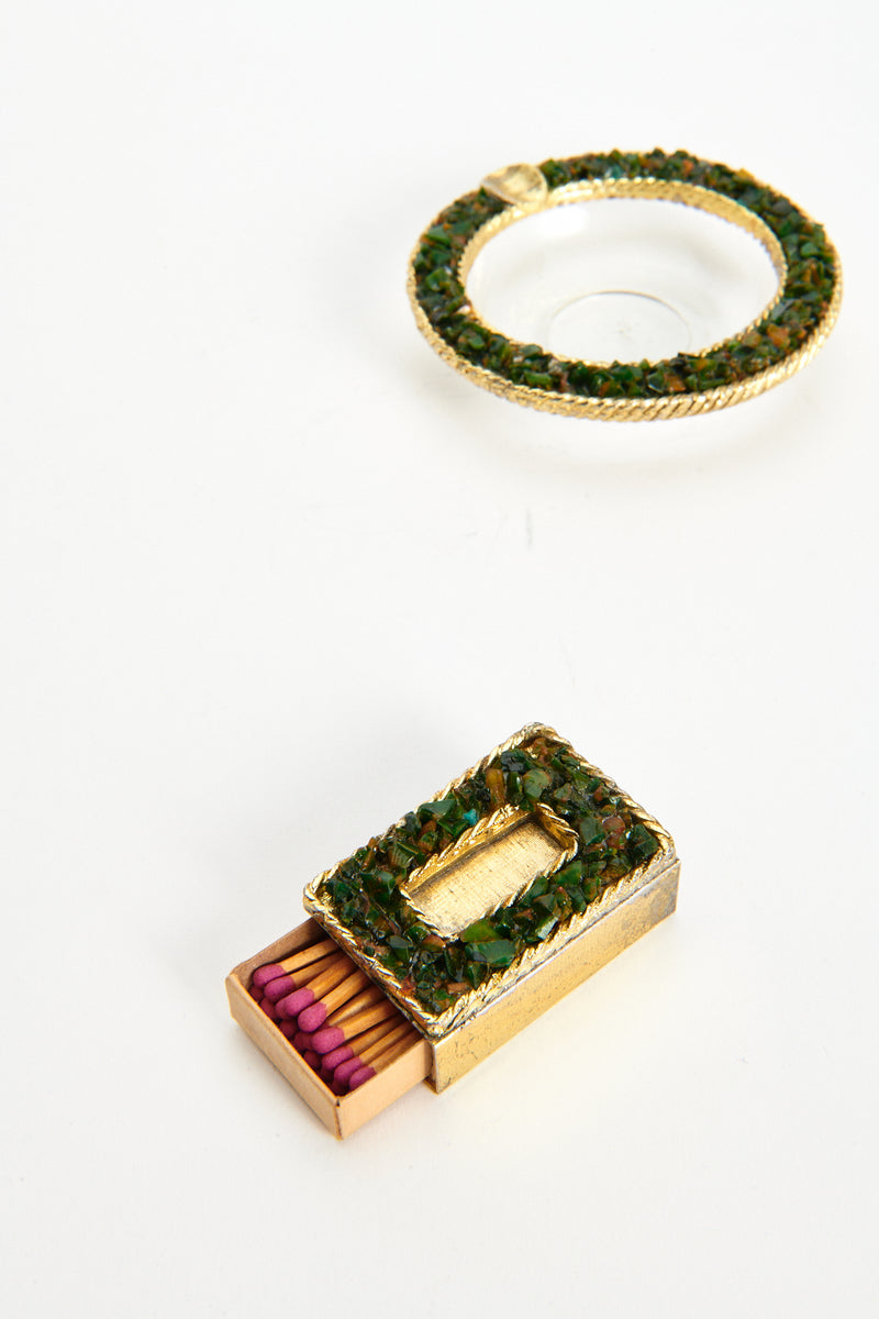 Gold and Green Jeweled Matchbox and Ashtray