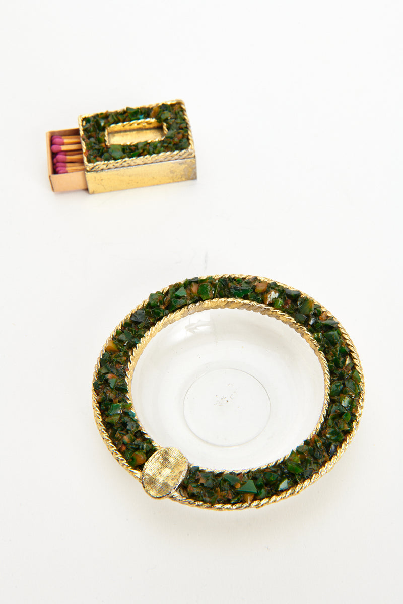 Gold and Green Jeweled Matchbox and Ashtray