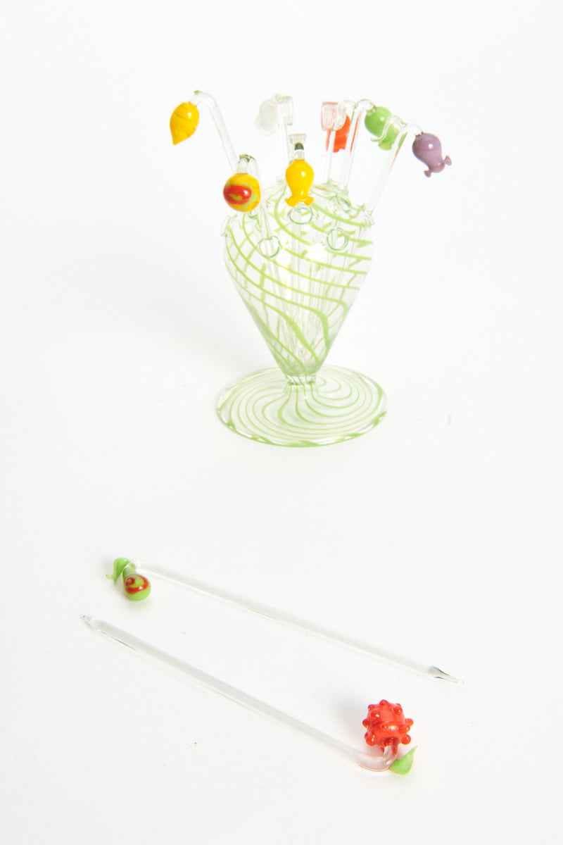 Handblown Glass Fruits and Flowers Cocktail Pick Set