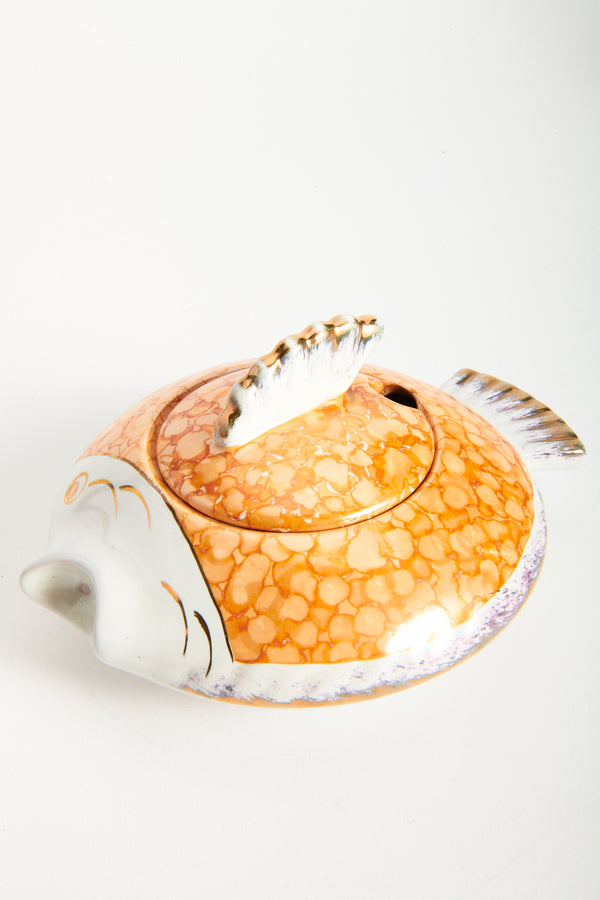 Orange Hand Painted Italian Ceramic Fish Gravy Boat