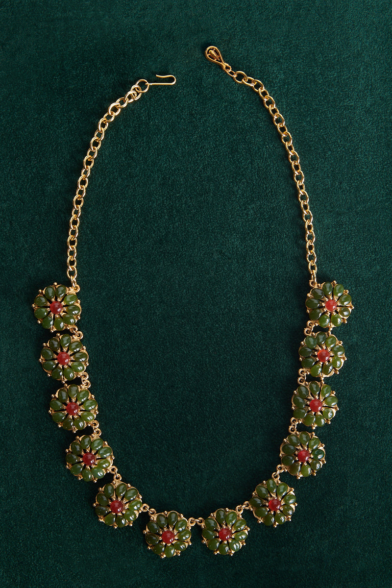 Jade & Carnelian 24K Gold Plate Flower Collar Necklace