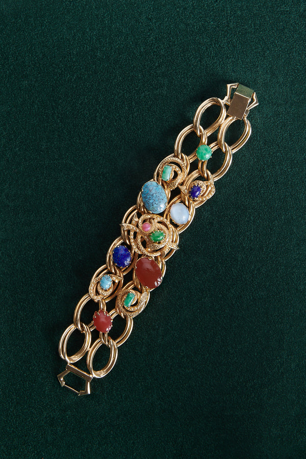 1950's Multicolor Cabochon Stone & Snake Bracelet