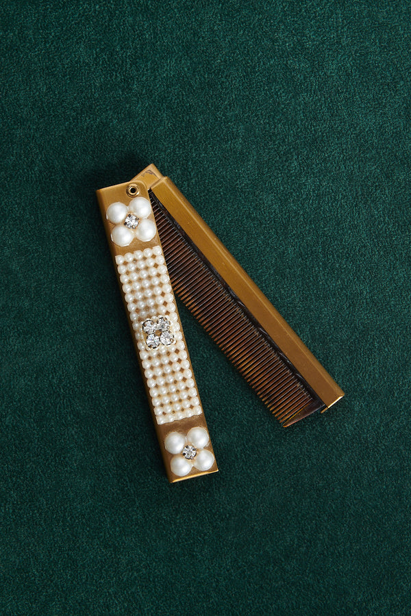 1950s Bejeweled Rhinestone & Pearl Compact Comb