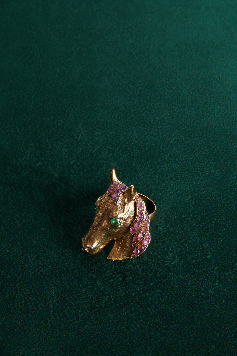 Ruby & Emerald 24K Gold Plate Horse Ring