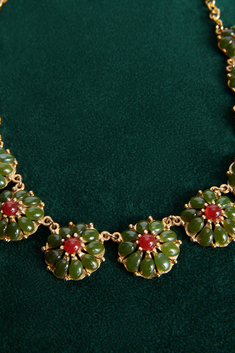 Jade & Carnelian 24K Gold Plate Flower Collar Necklace