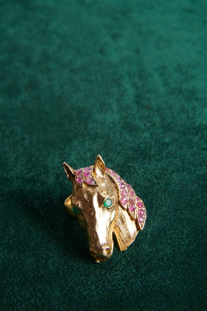 Ruby & Emerald 24K Gold Plate Horse Ring