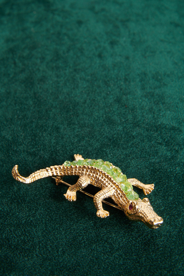 Peridot & Garnet 24K Gold Plate Alligator Brooch