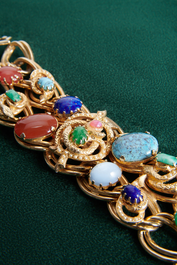 1950's Multicolor Cabochon Stone & Snake Bracelet