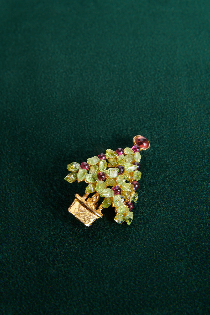 Peridot & Garnet 24K Gold Plate Christmas Tree Brooch