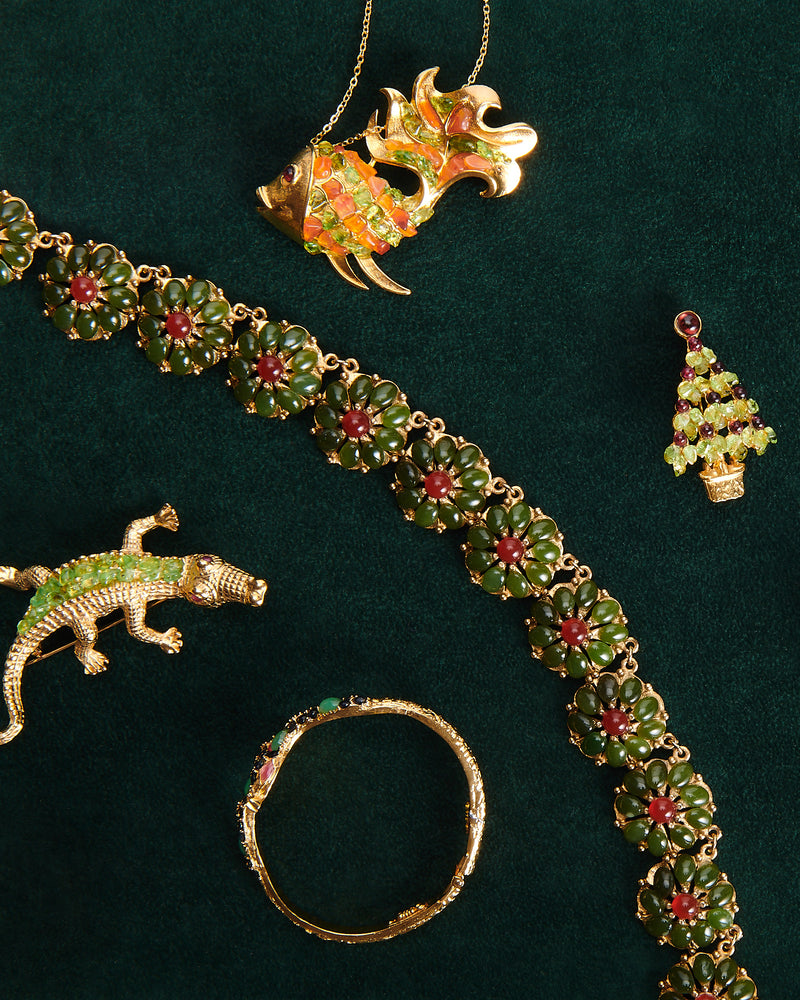 Peridot & Garnet 24K Gold Plate Christmas Tree Brooch