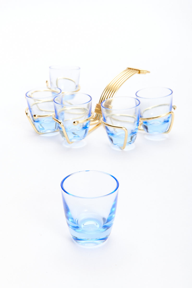 1950s Brass Fan Carrier with Pale Ultramarine Six Shot Glass Set