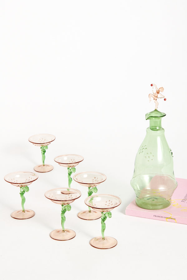 Green and Pale Pink Nude Women Decanter Set of Seven Pieces