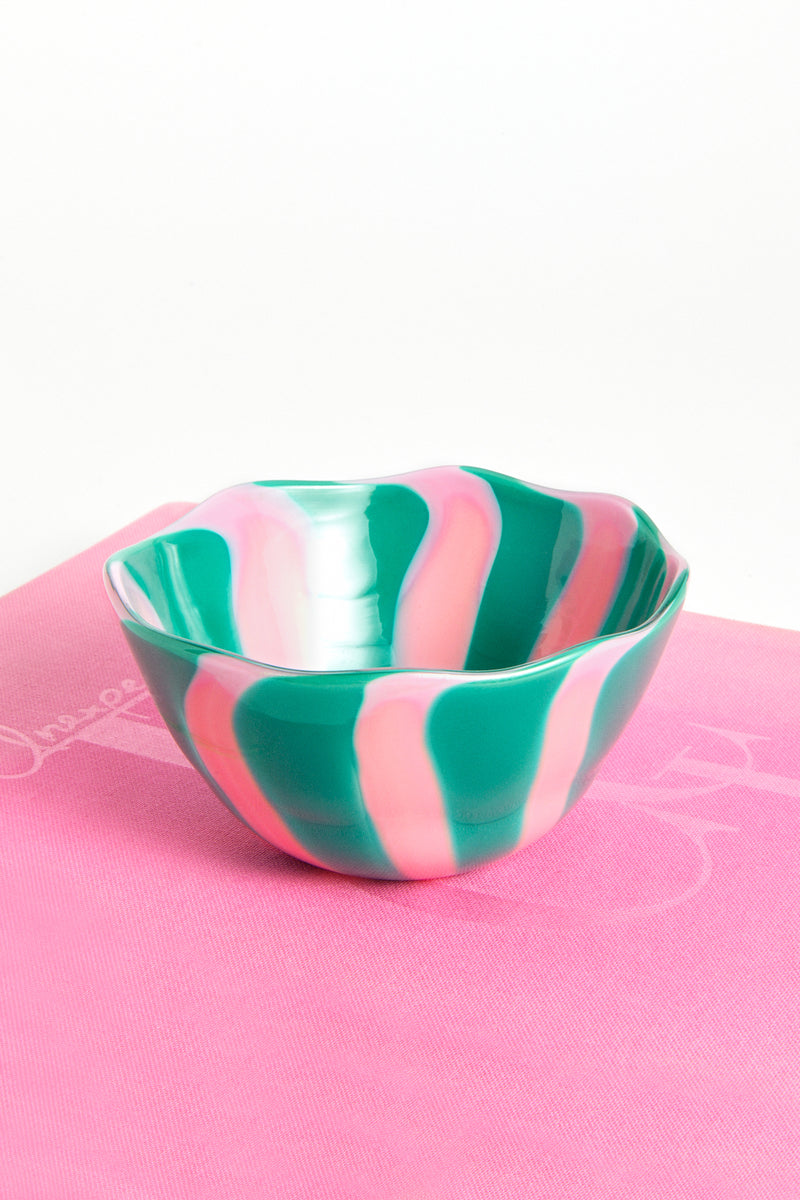 Pink & Green Candy Striped Murano Glass Bowl