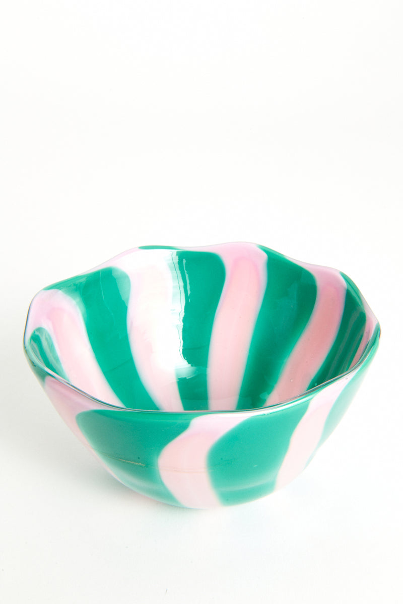 Pink & Green Candy Striped Murano Glass Bowl