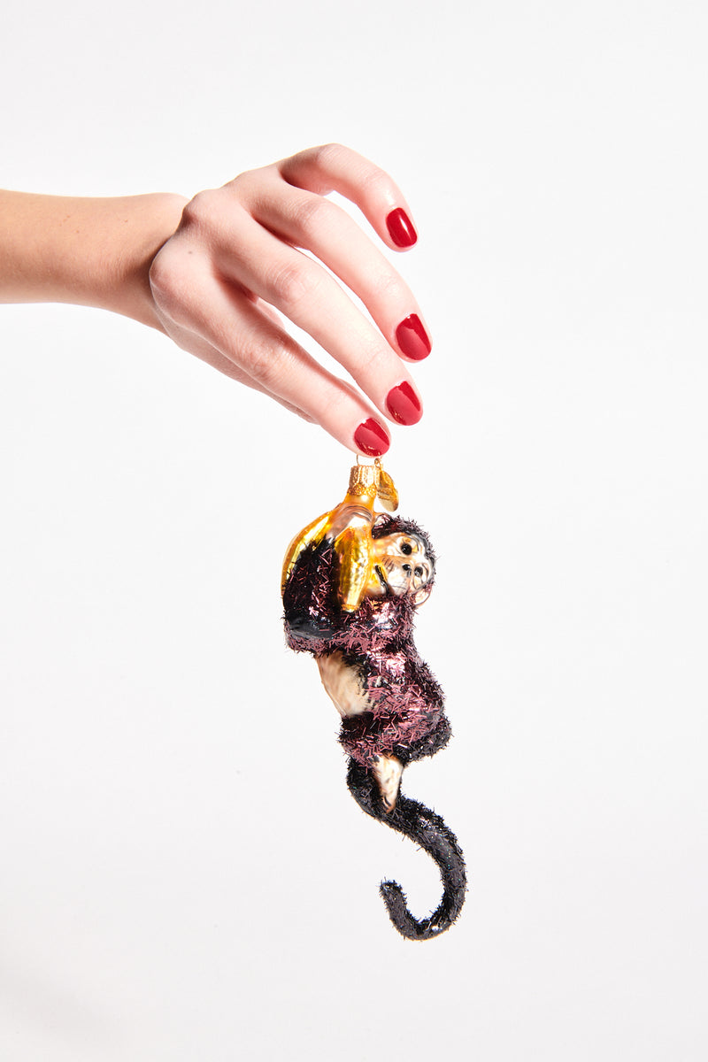 Monkey with Banana Blown Glass Ornament